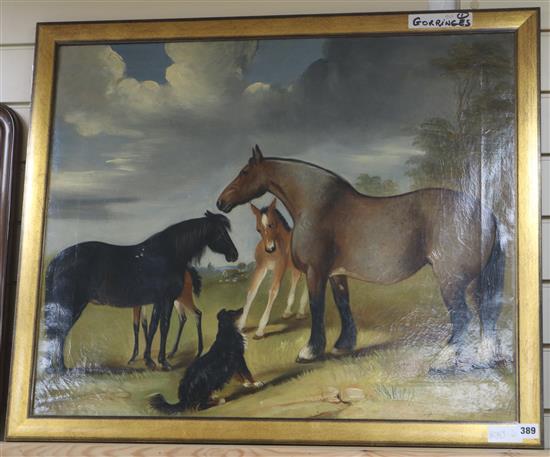 G. Green Horses, foals and a hound in a landscape 61 x 74cm